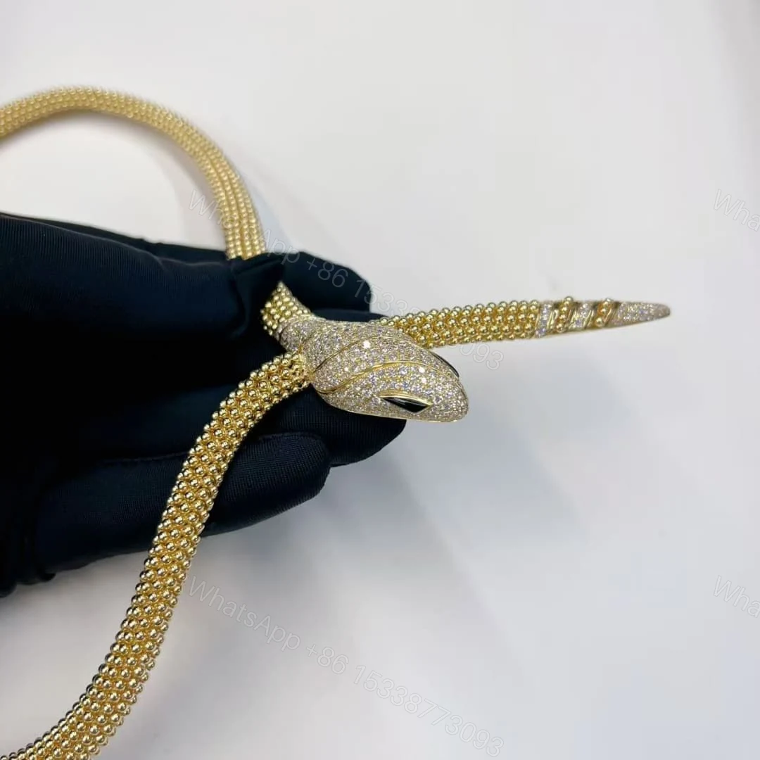 View 4 of 18kt Gold Bvlgari Serpenti Two-Coil Necklace With Head and Tail Diamonds Onyx 360472