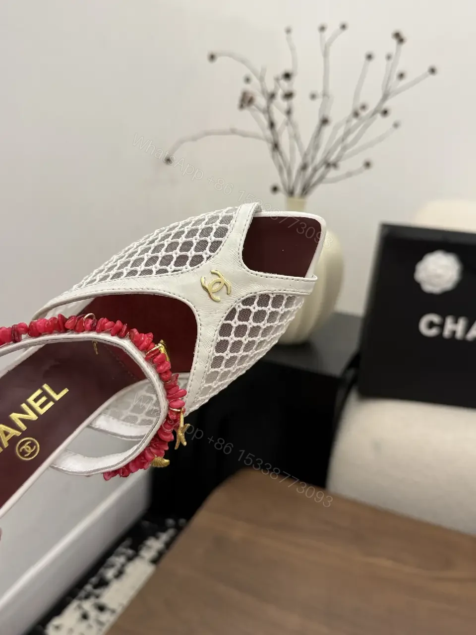 View 7 of White Mesh Slingback Heels with Red Bead Trim, Chanel Style