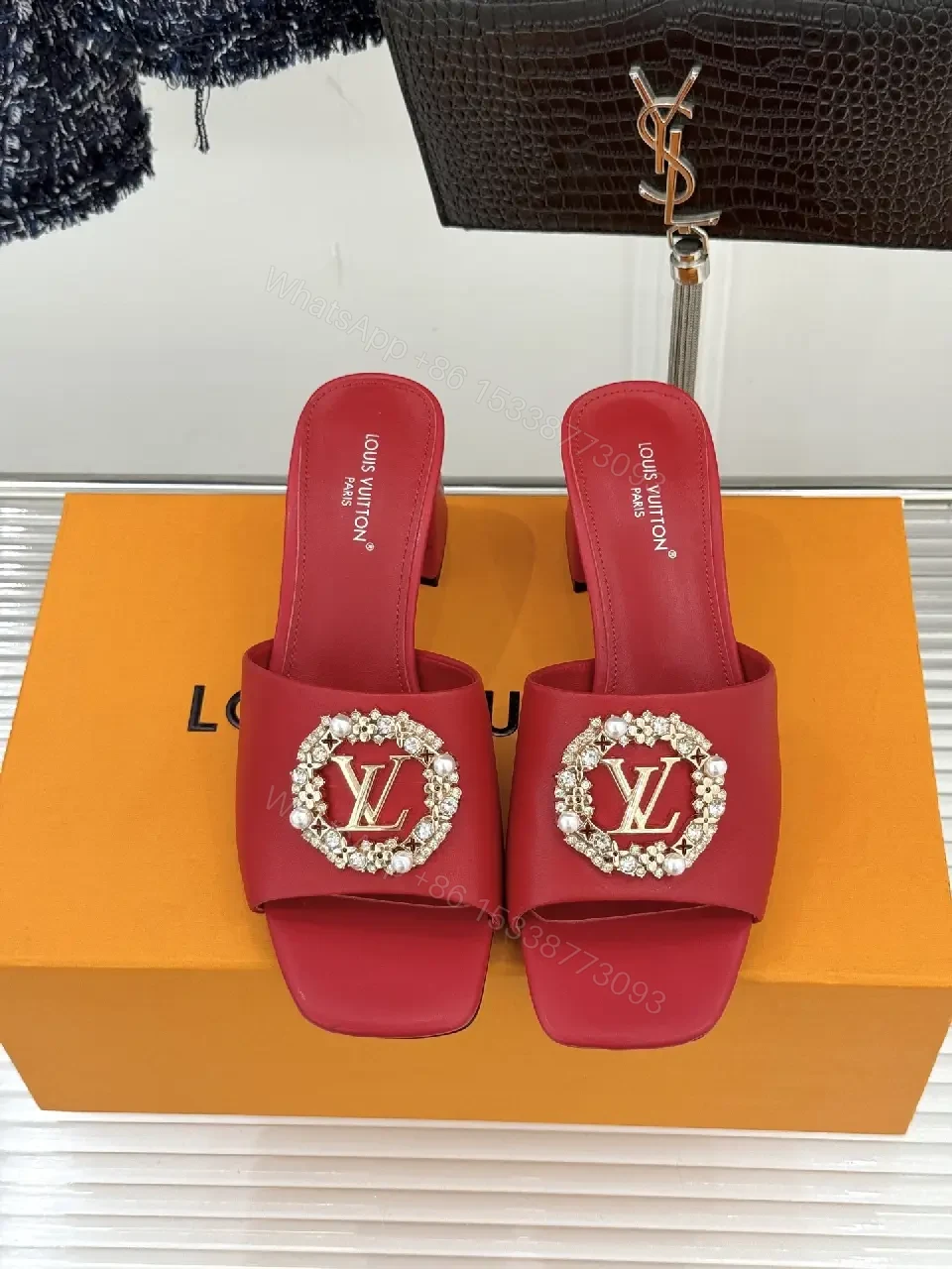 View 6 of Red Satin Luxe Slides with Crystal Buckle - Open-Toe 2-Inch Heel