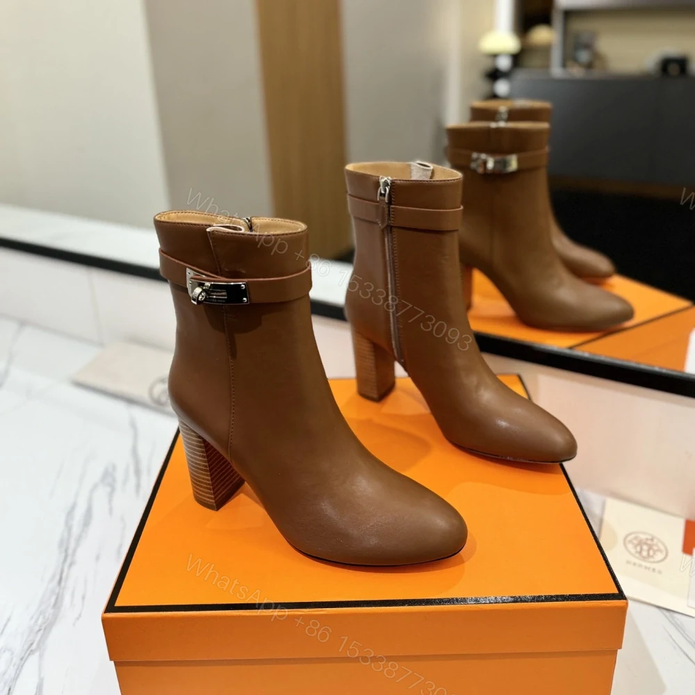 高仿Hermes*H202257ZA3小牛皮高踭短靴棕色8.5CM免檢版 — view 1