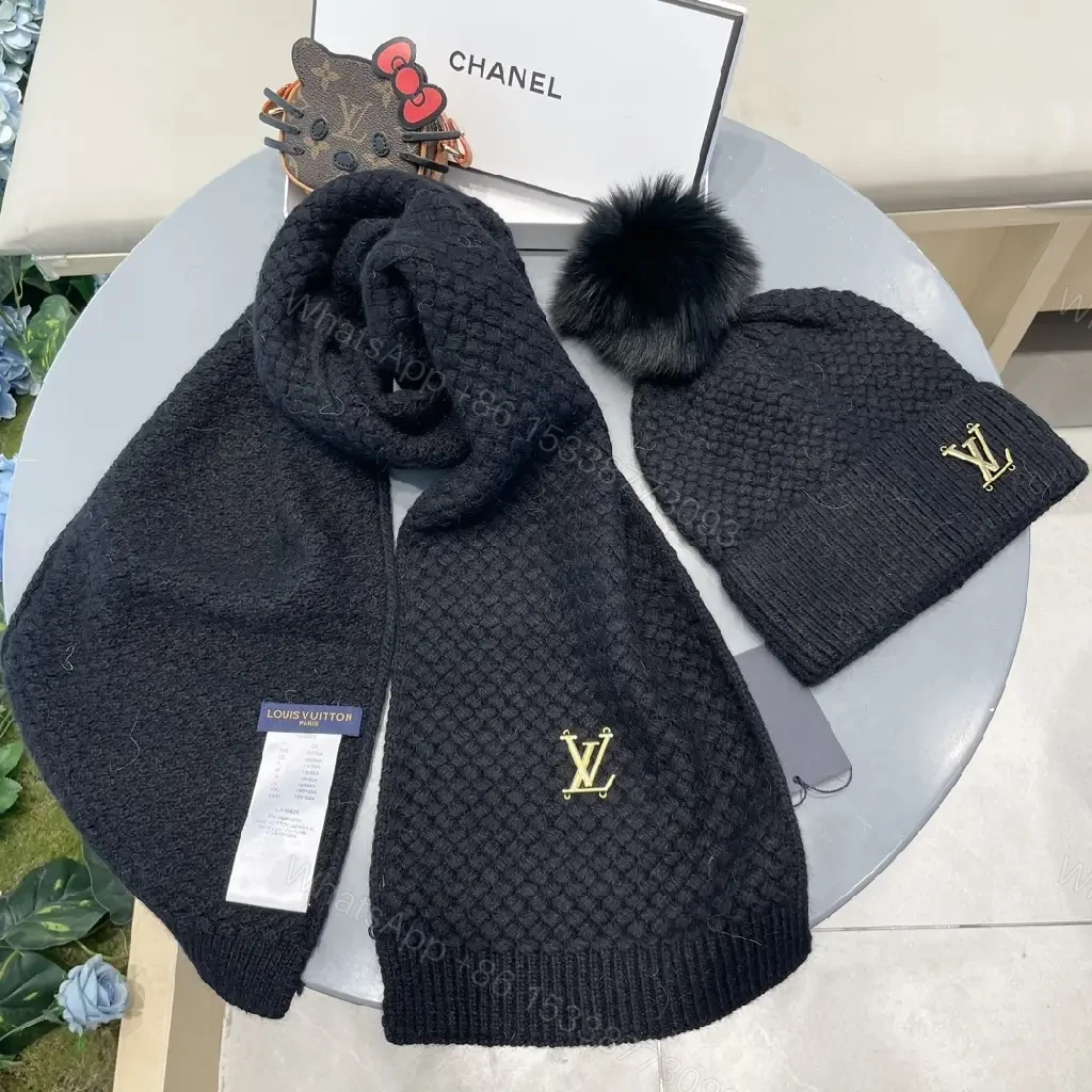 View 9 of Textured Knit Beanie & Scarf Set - Black, Gold Accent