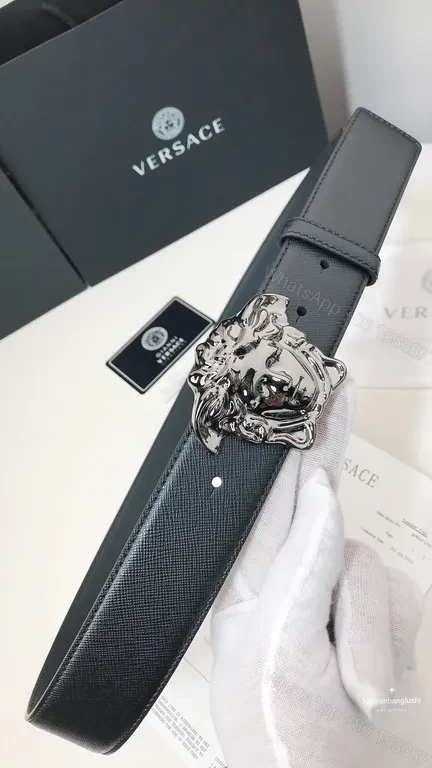 View 3 of Medusa Buckle Belt: Black Leather, Pebbled, Luxury Versace Belt