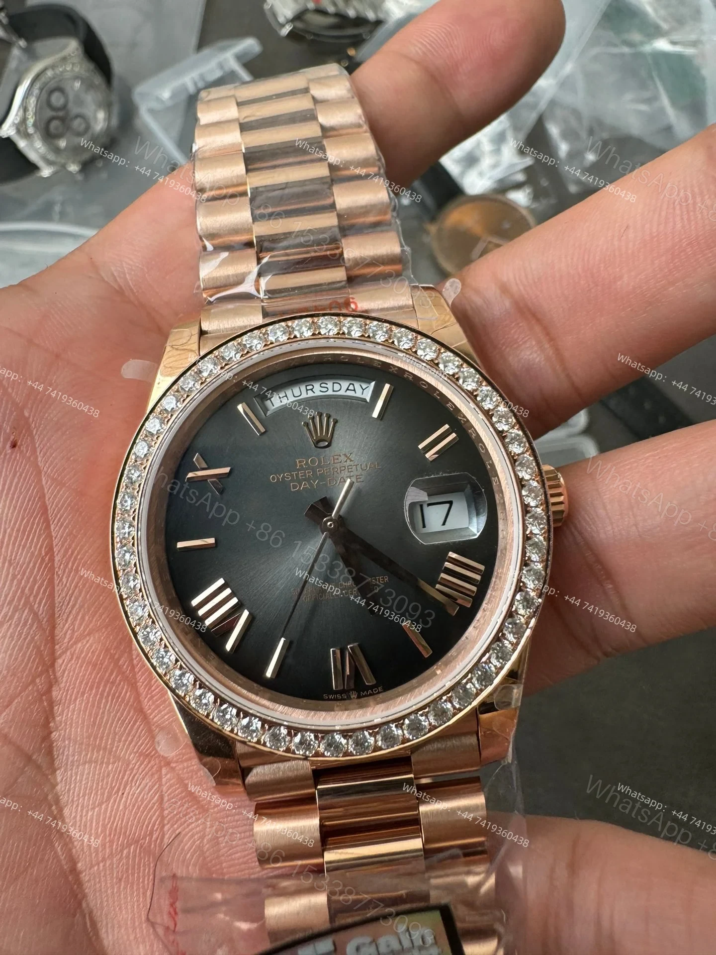 View 4 of Rolex Day-Date M228345RBR-0025 1:1 Replica Gradient Slate Gray Dial Moissanite Bezel 40MM 3255 Movement Super Clone Watch