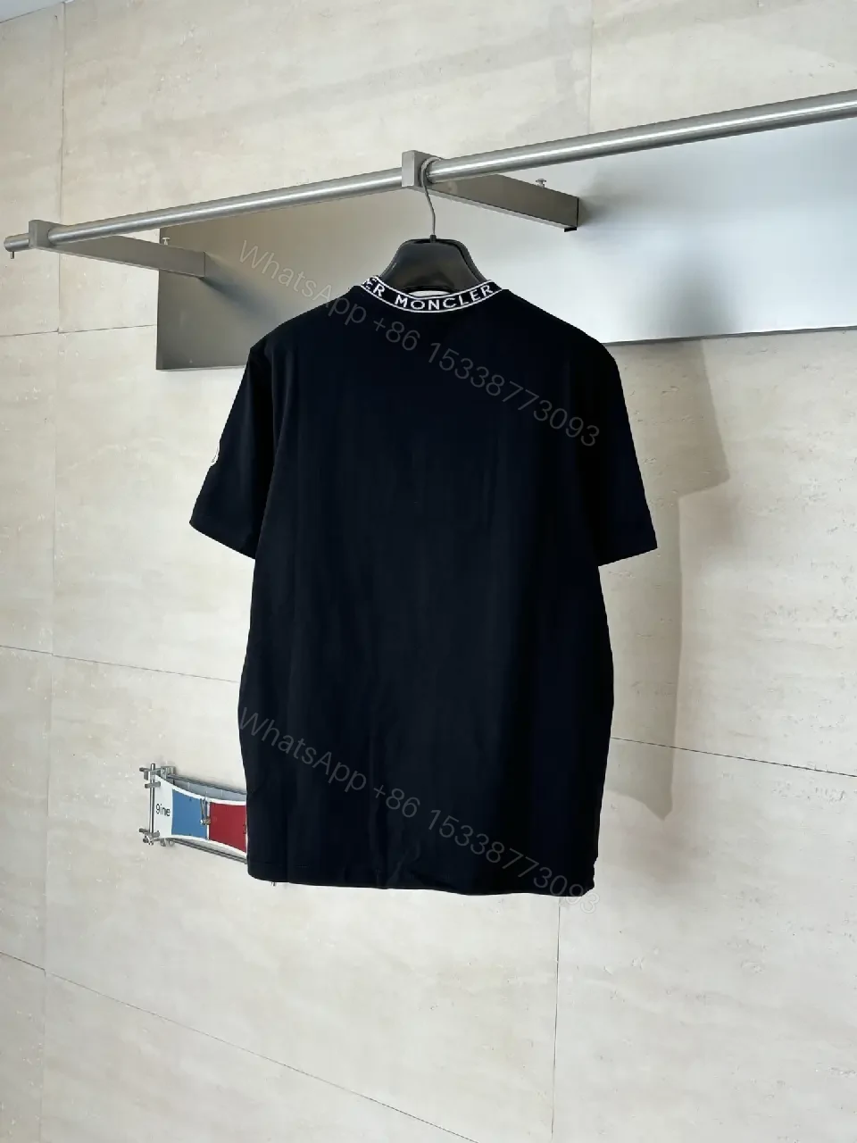 View 2 of Black Cotton Tee with Moncler Logo Collar