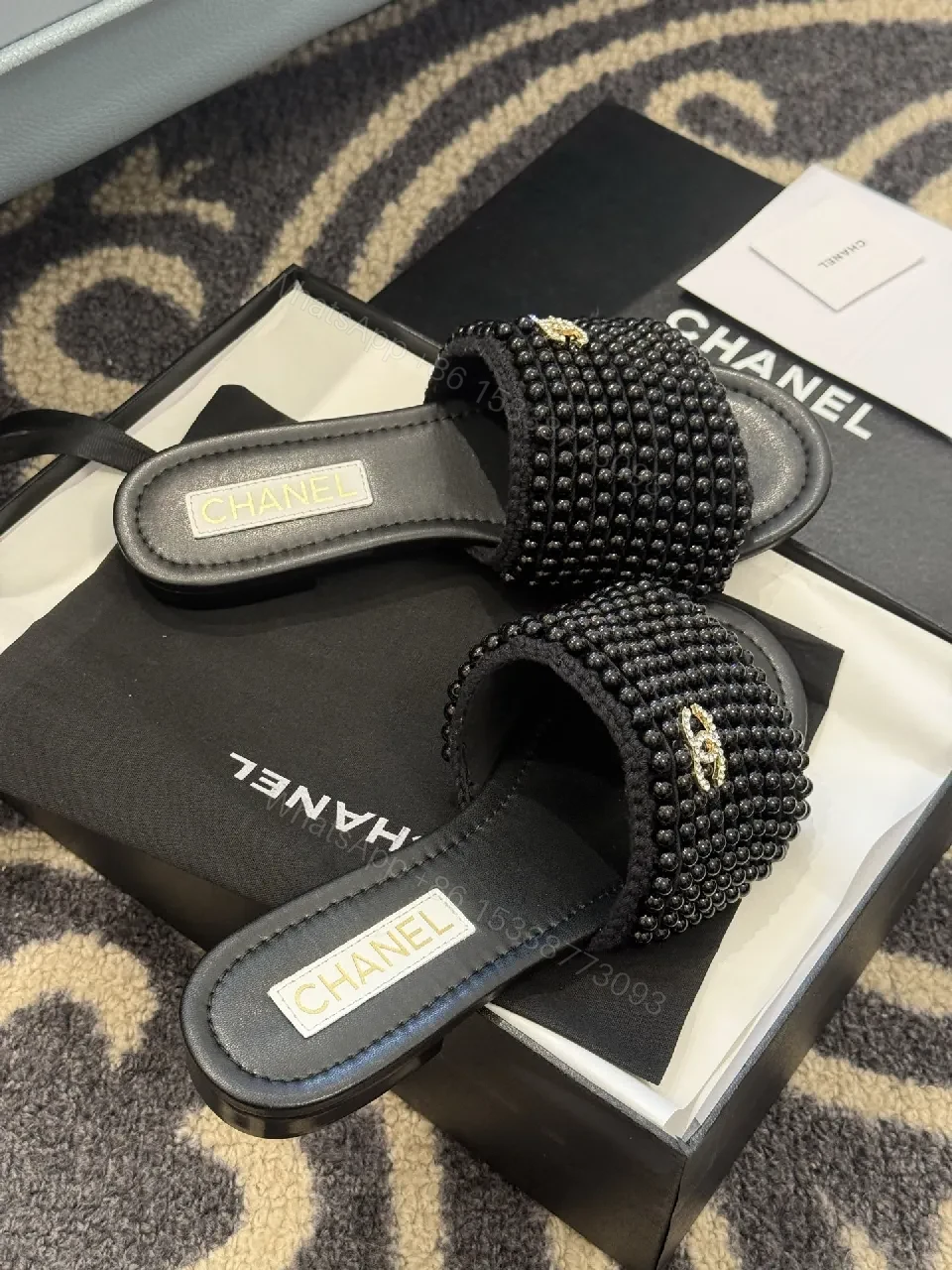 View 8 of Beaded Black Slide Sandals, Luxe-Beam, All-Day Comfort