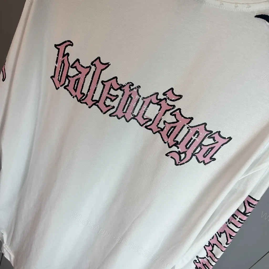 View 3 of White Cotton Blend Tee, Balenciaga-Inspired Graphic, Long Sleeve Tee
