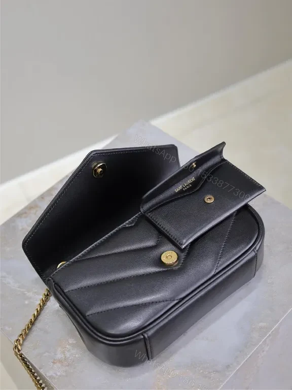 View 2 of Black Leather Envelope Bag with Gold YSL Logo, Structured Style