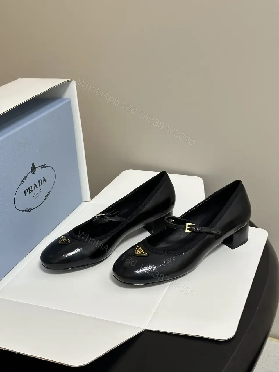 View 8 of Black Leather Mary Jane Heels with Logo Accent, Prada-inspired style
