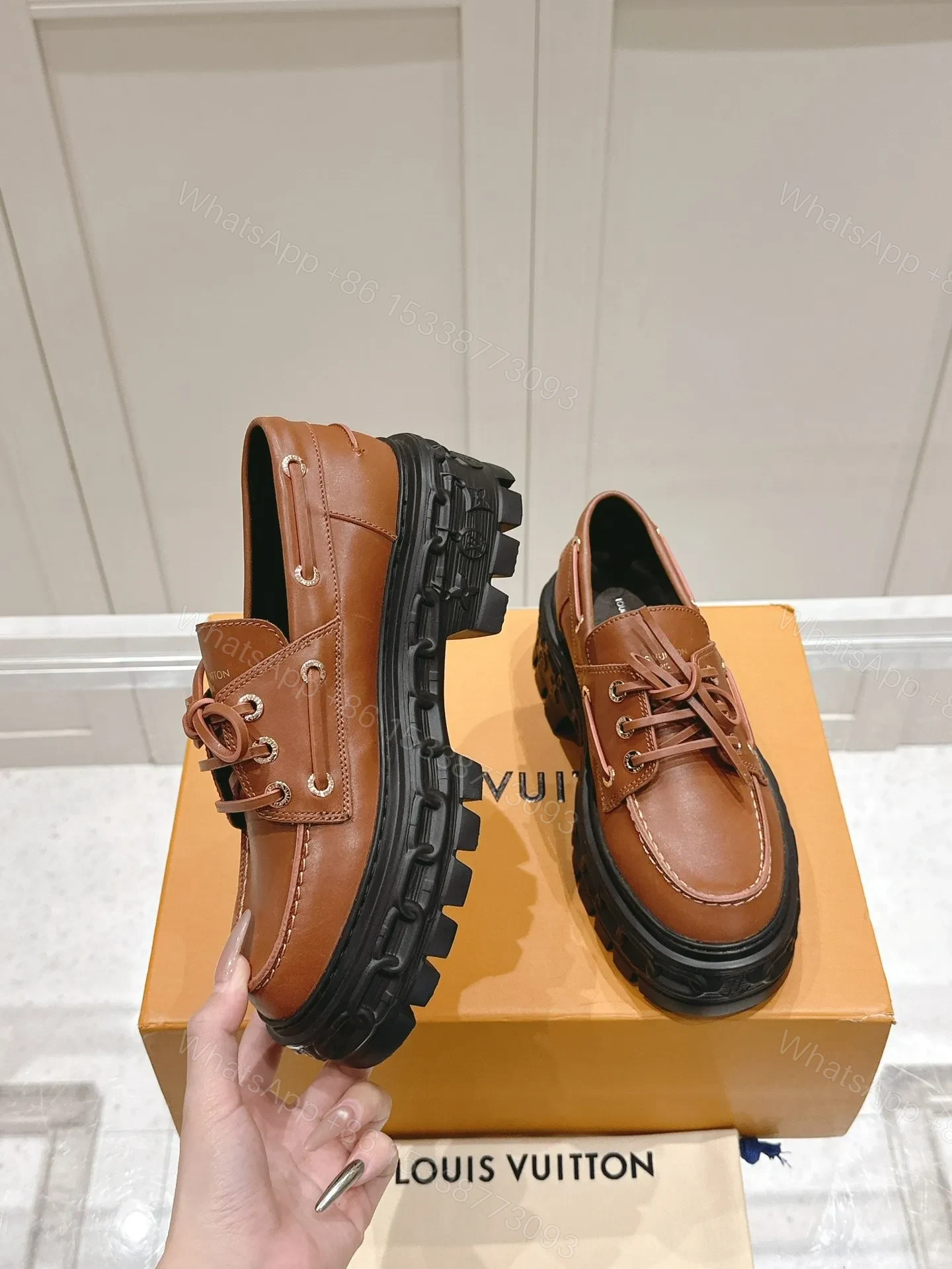 View 3 of LV Women Brown Leather Chunky Sole Loafers
