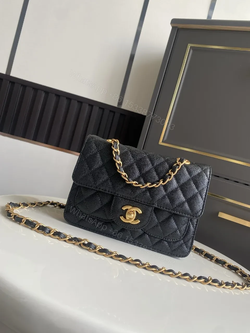 View 3 of Black Quilted Flap Bag with Gold Chain - Timeless Luxe Signature