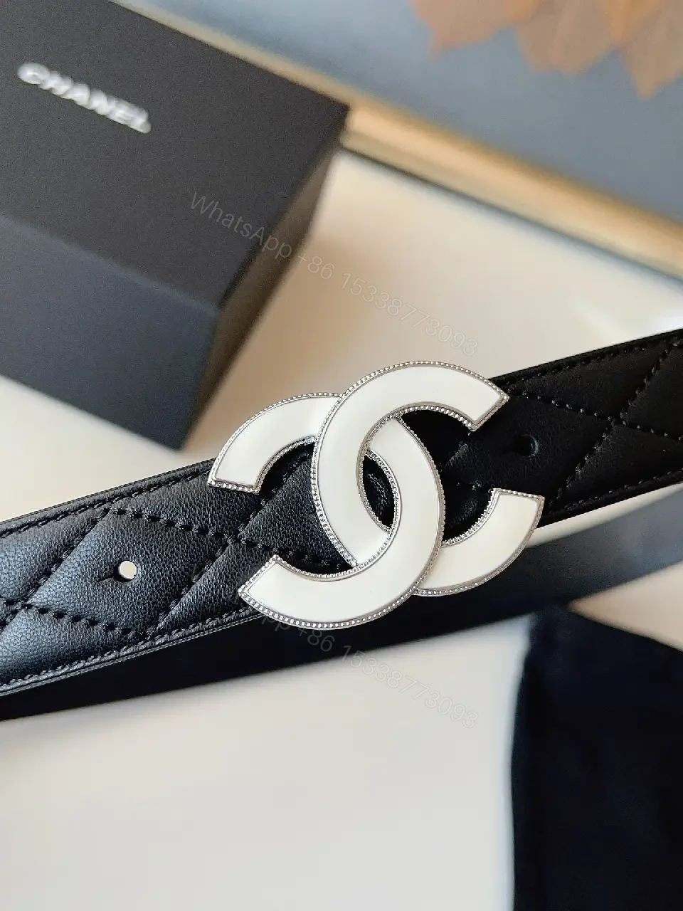 View 6 of Quilted Leather Belt, Double Buckle, Black, Minimal Luxury
