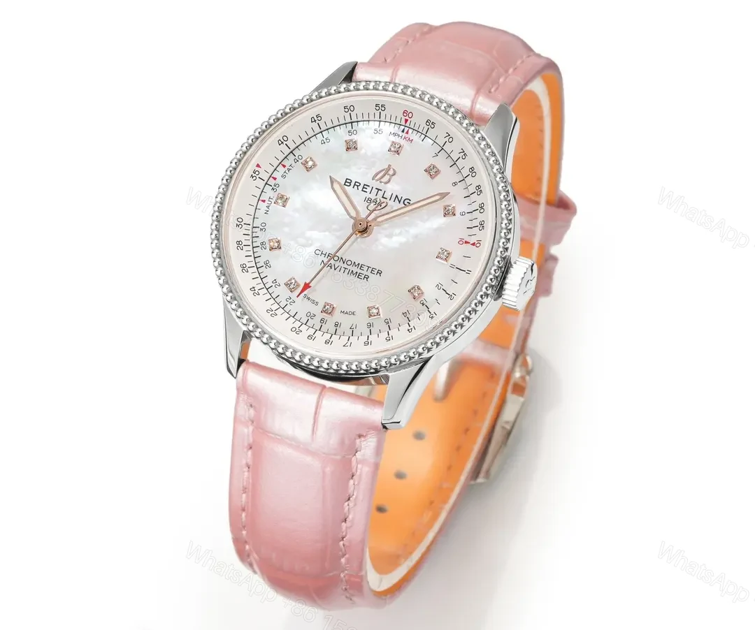 View 2 of OM Factory Breitling Women’s Navitimer Automatic Watch – Pink Leather Strap, White Pearl Dial, Diamond Bezel