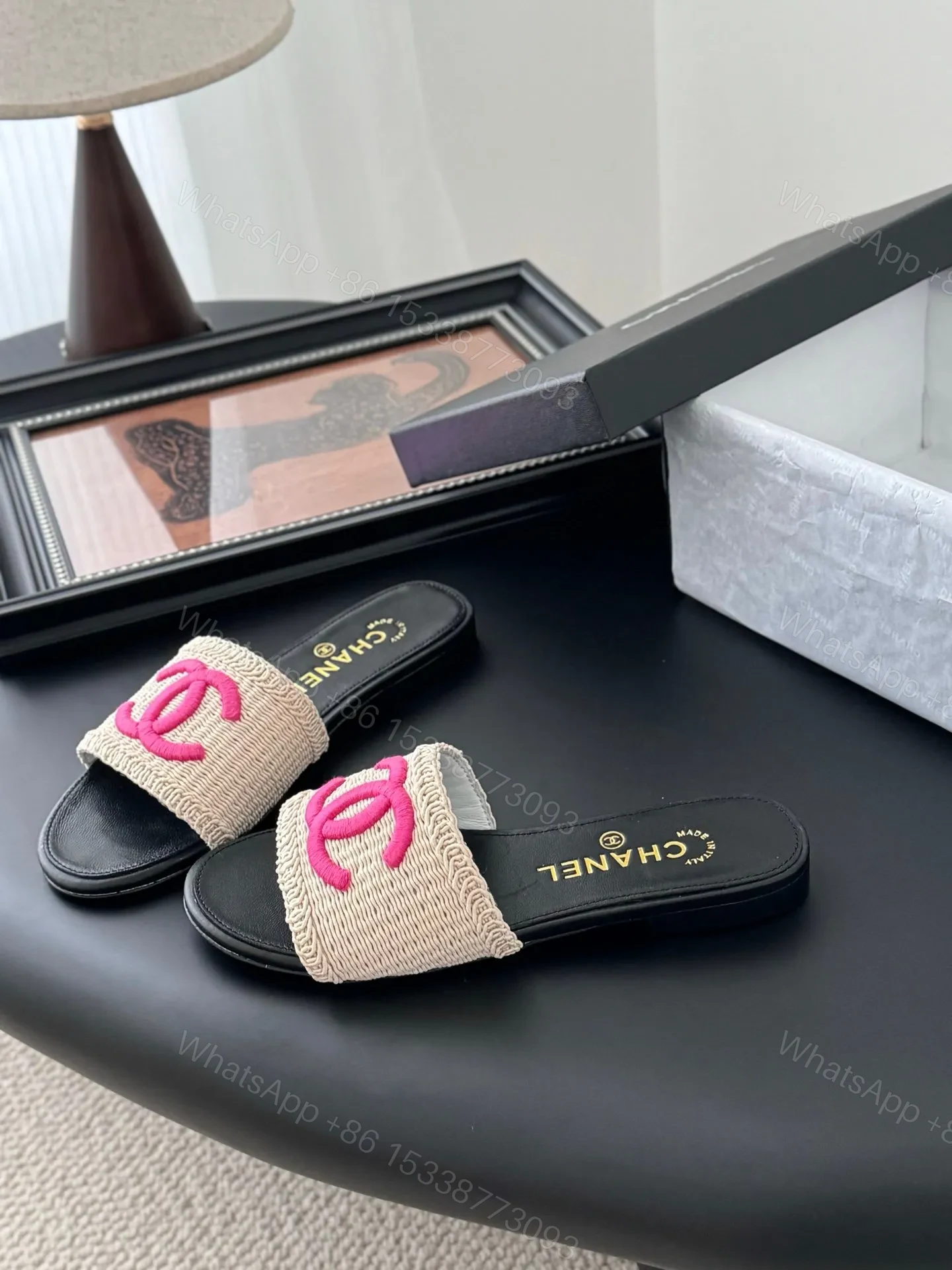View 5 of Chanel Women Black Leather And Beige Fabric Slides