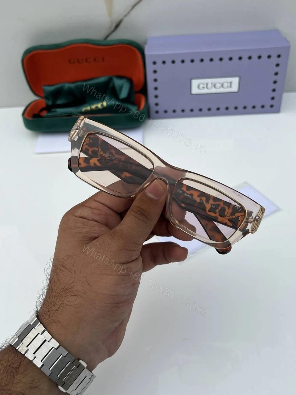 View 3 of First Copy Gucci Rectangular Sunglasses Beige Transparent Frame Brown Lens