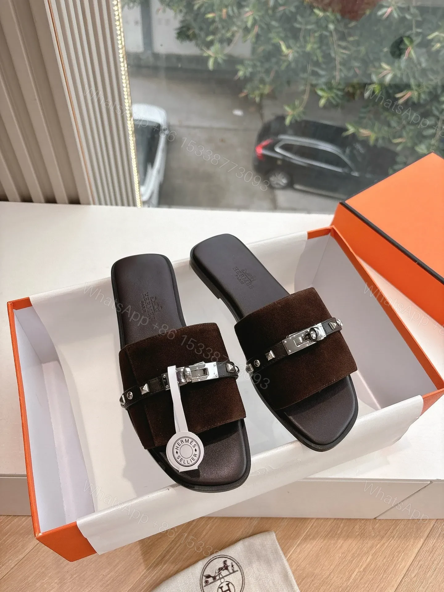 View 3 of Hermes Women Dark Brown Suede Leather Strap Mules