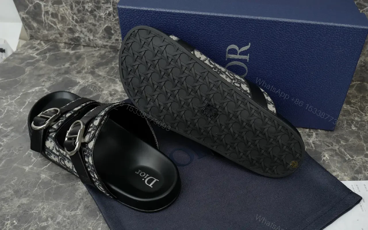 View 2 of Black Denim Leather Buckle Sandals Product Type: Dior Style