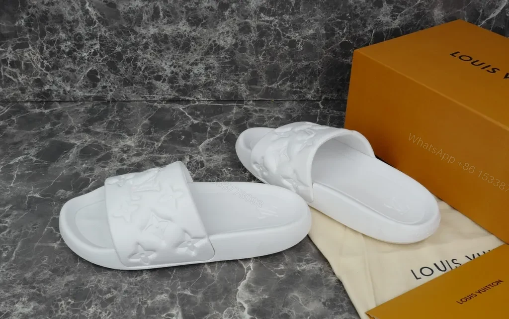 View 3 of Minimalist White Slides with LV Embellishment â€“ Luxe Comfort Slide