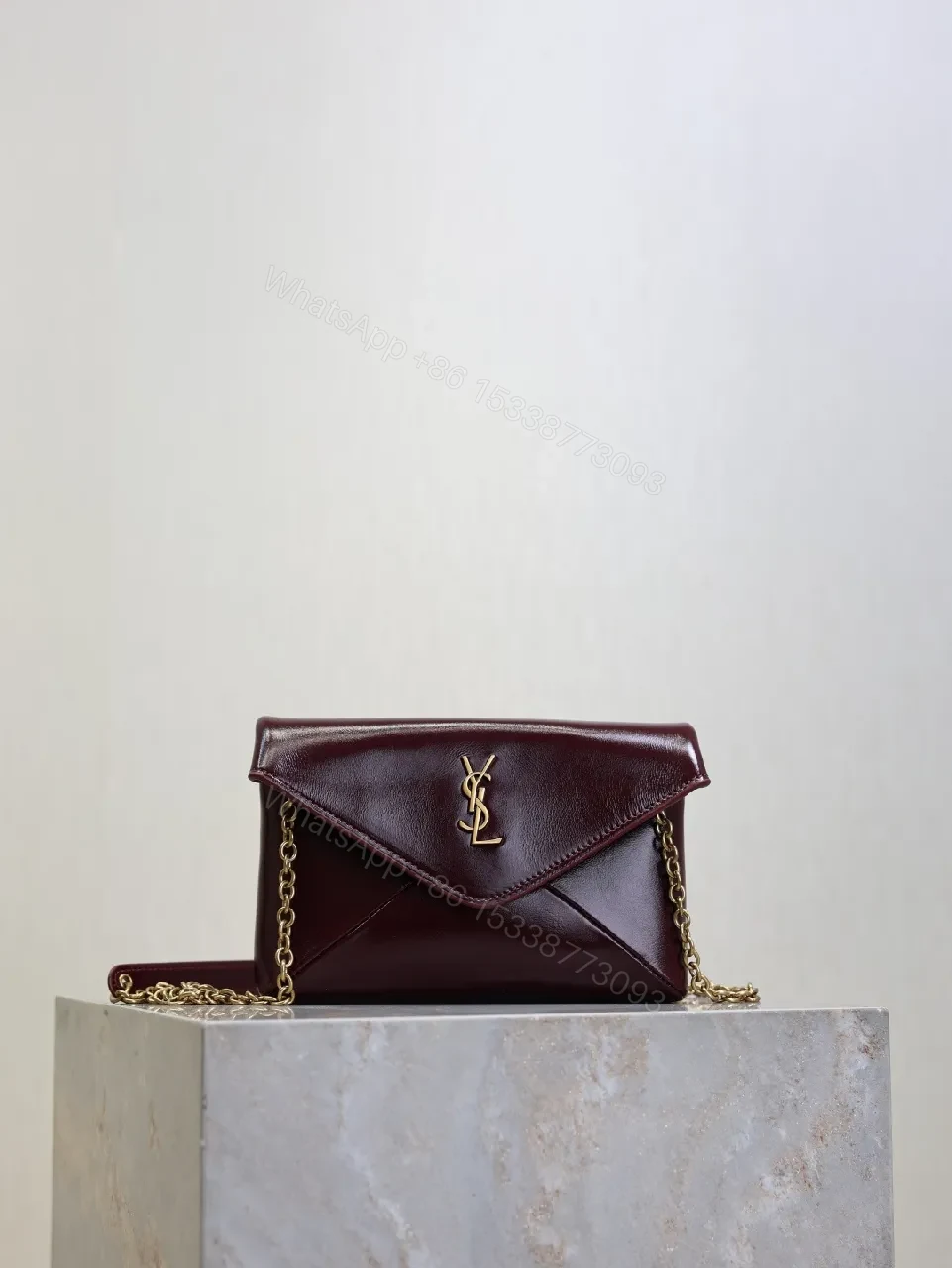 View 7 of Burgundy Leather Envelope Bag - Gold Hardware Elegance