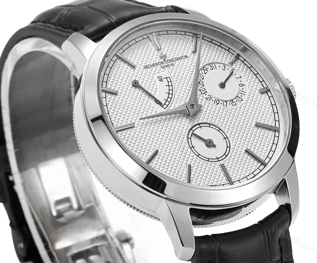 View 4 of GS Factory Vacheron Constantin Traditionnelle Mechanical Watch 83520/000R-9909 – Silver Dial, Black Leather Strap, 40mm Case, Power Reserve, Date, and Day Display