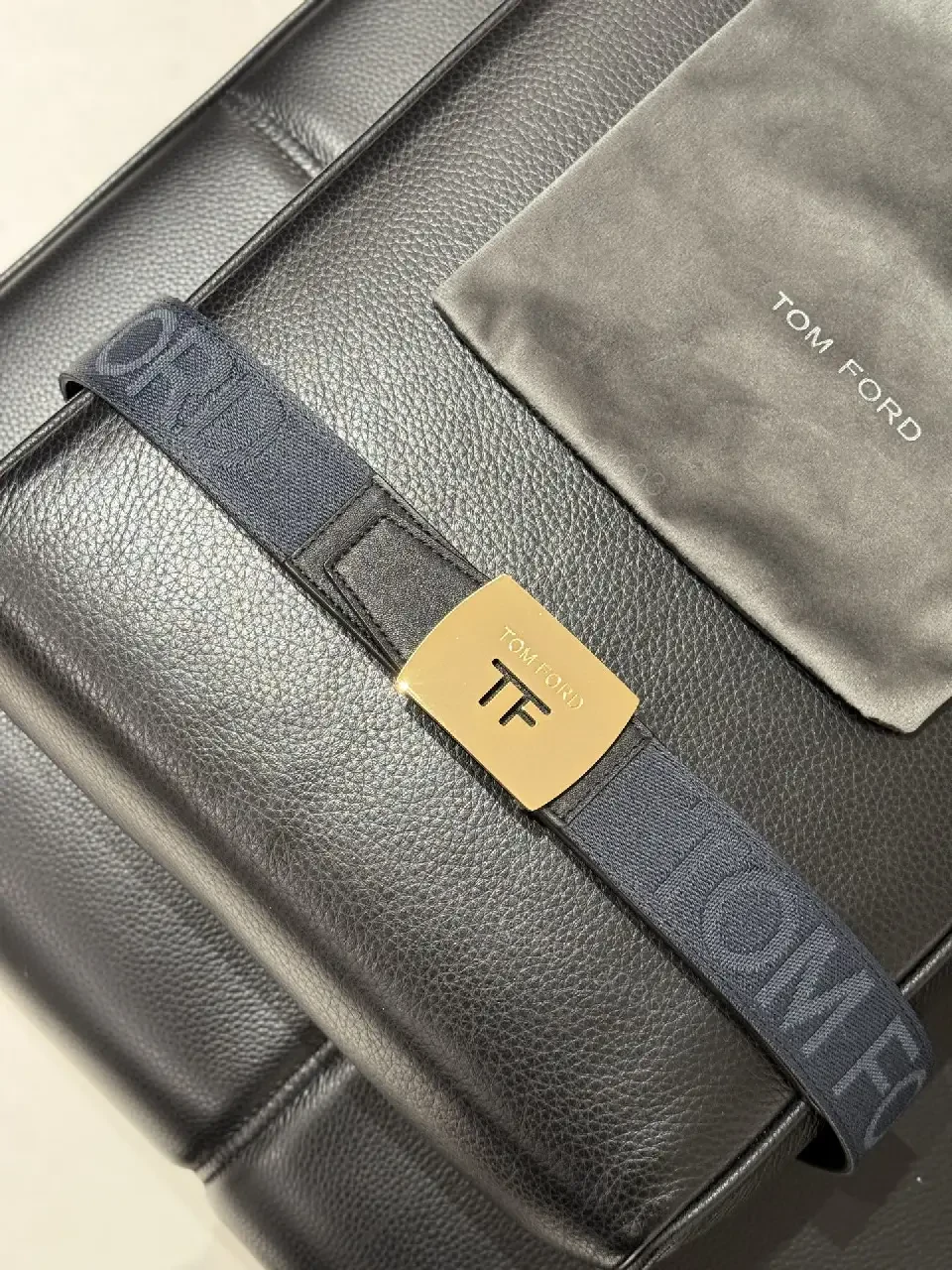 View 5 of Navy Leather-Texture Belt with Champagne Hardware