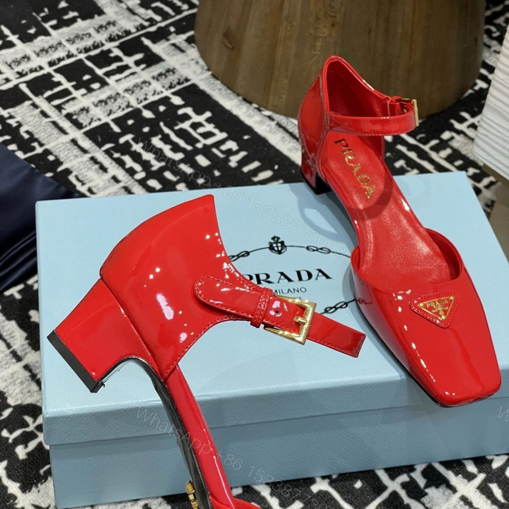 View 6 of 高仿Prada*1l325N方頭粗跟涼鞋3.5CM紅色免檢版