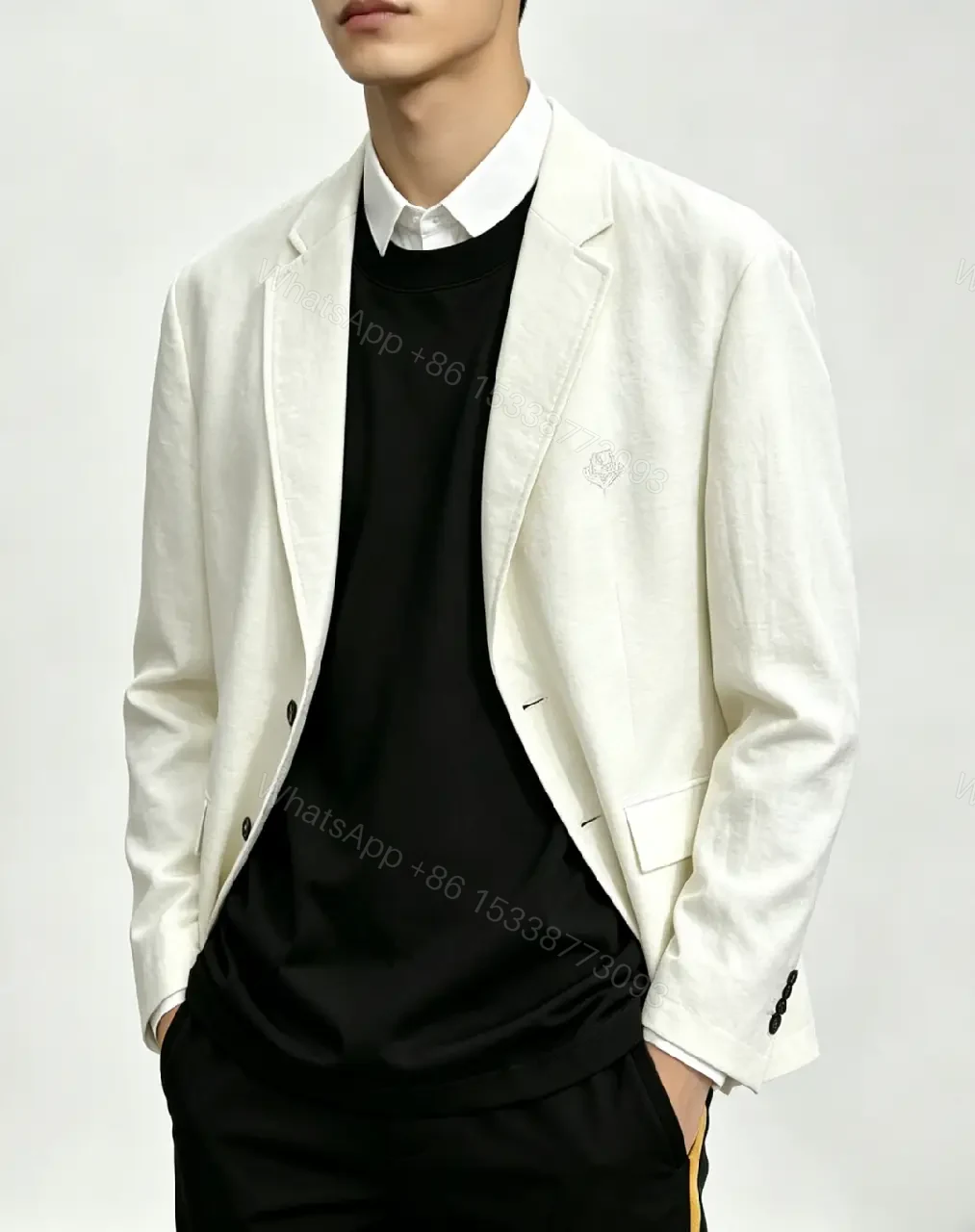 View 4 of White/Off-White Single-Breasted Blazer with Notched Lapels and Subtle Texture
