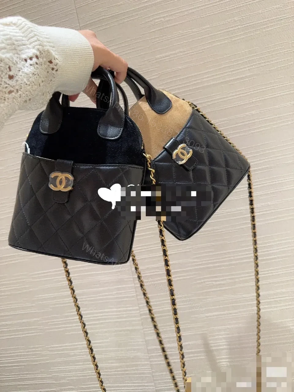 View 6 of Quilted Leather Mini Bag with Velvet Accents, Gold Chain