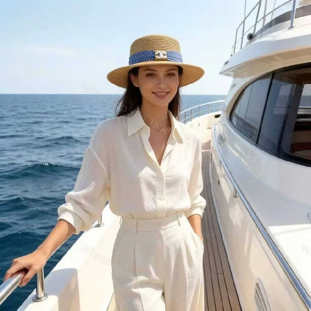 View 9 of Natural Tan Straw Boater Hat with Blue Polka Dot Band and Chanel Clasp