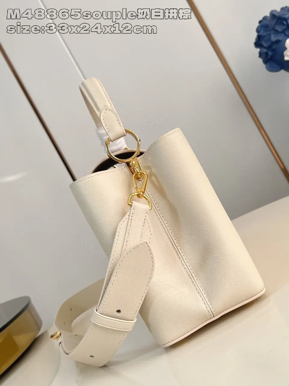 View 2 of Cream Pebbled Leather Structured Handbag with Gold Hardware