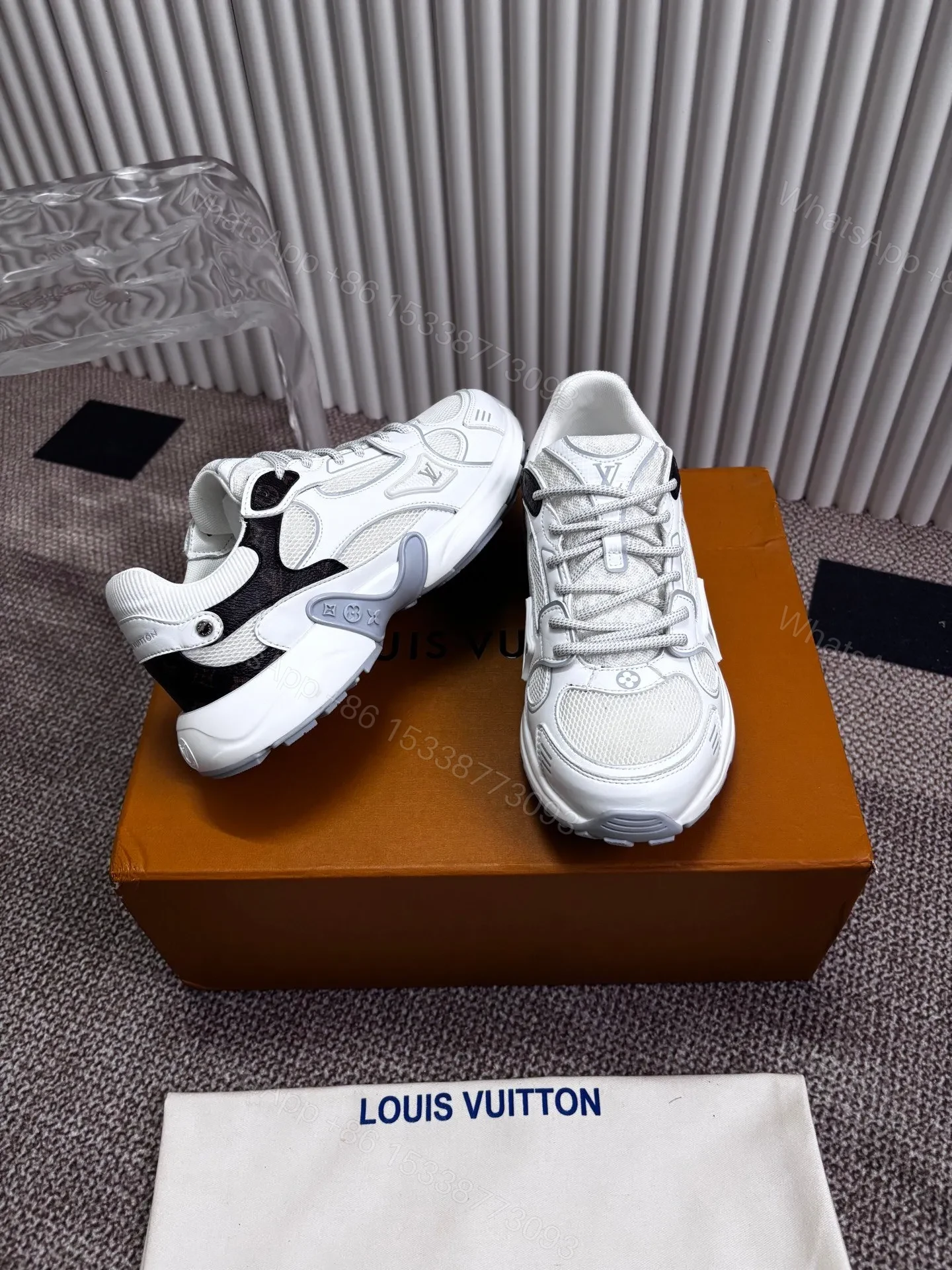 View 5 of LV Women White Mesh Leather Sneakers