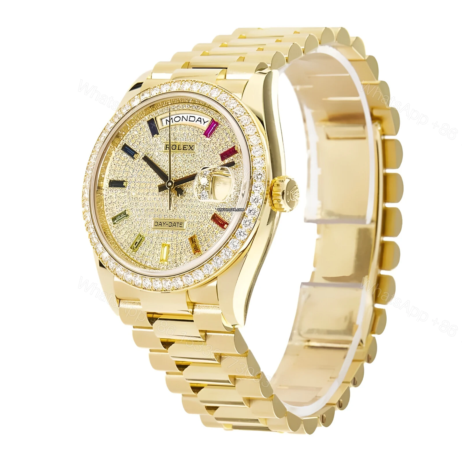View 2 of Rolex Day-Date Yellow Gold With Pave Diamond Dial Sapphire 128348RBR-0030 Replica