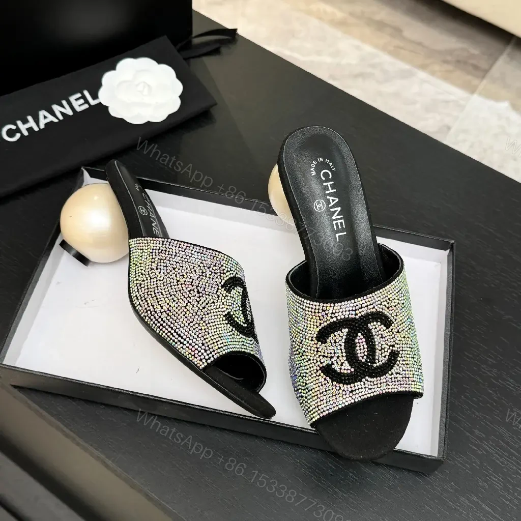 View 2 of Black Crystal-Embellished Satin Chanel Mules