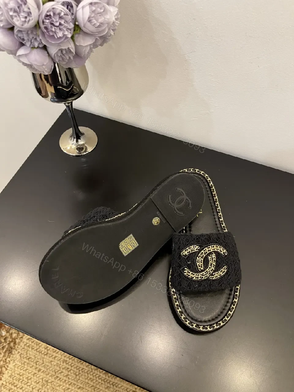 View 6 of Black Crochet Slide with Gold Chain Trim, Luxe Comfort