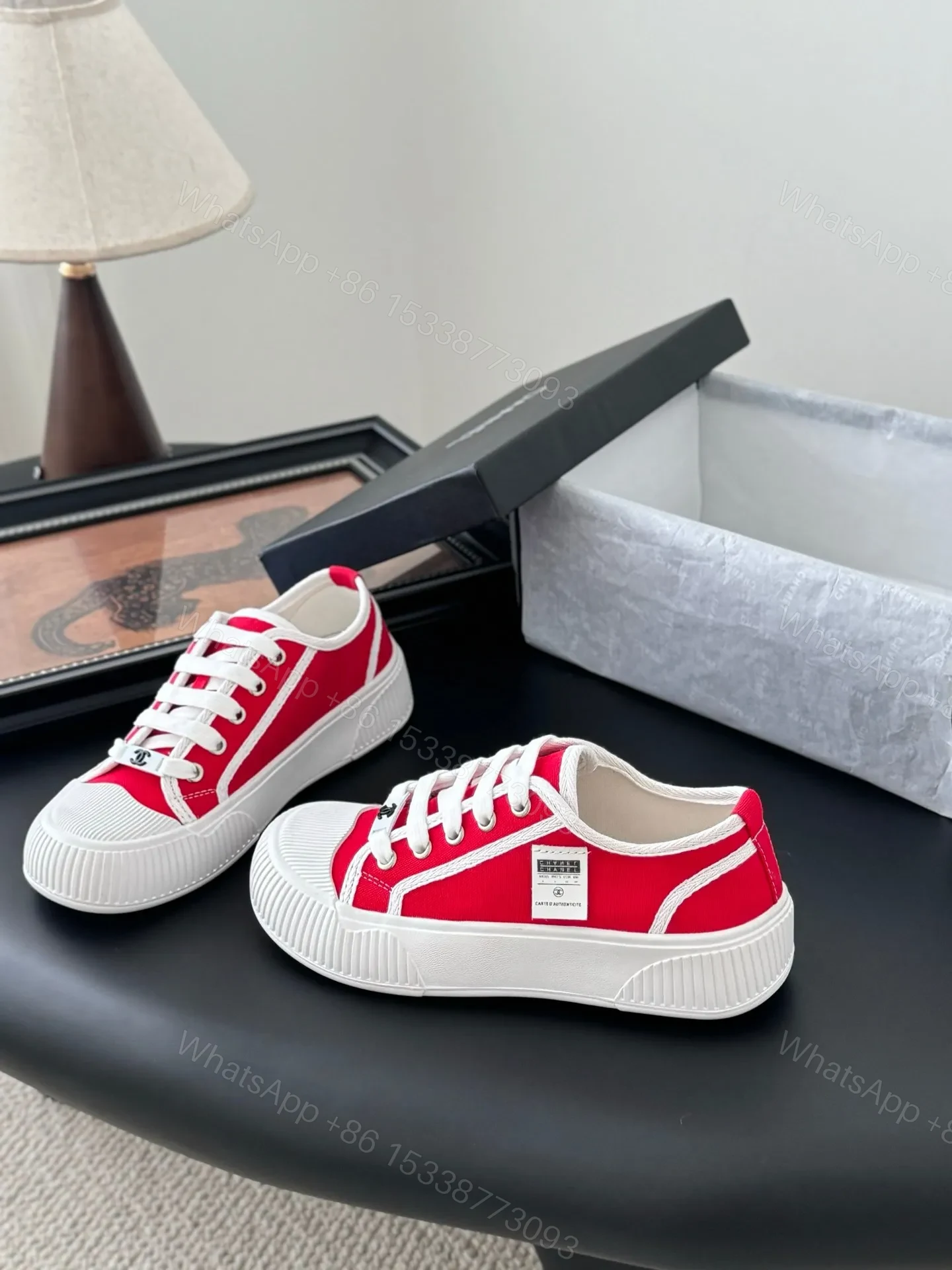 View 2 of Chanel Women Red Canvas And Rubber Sneakers