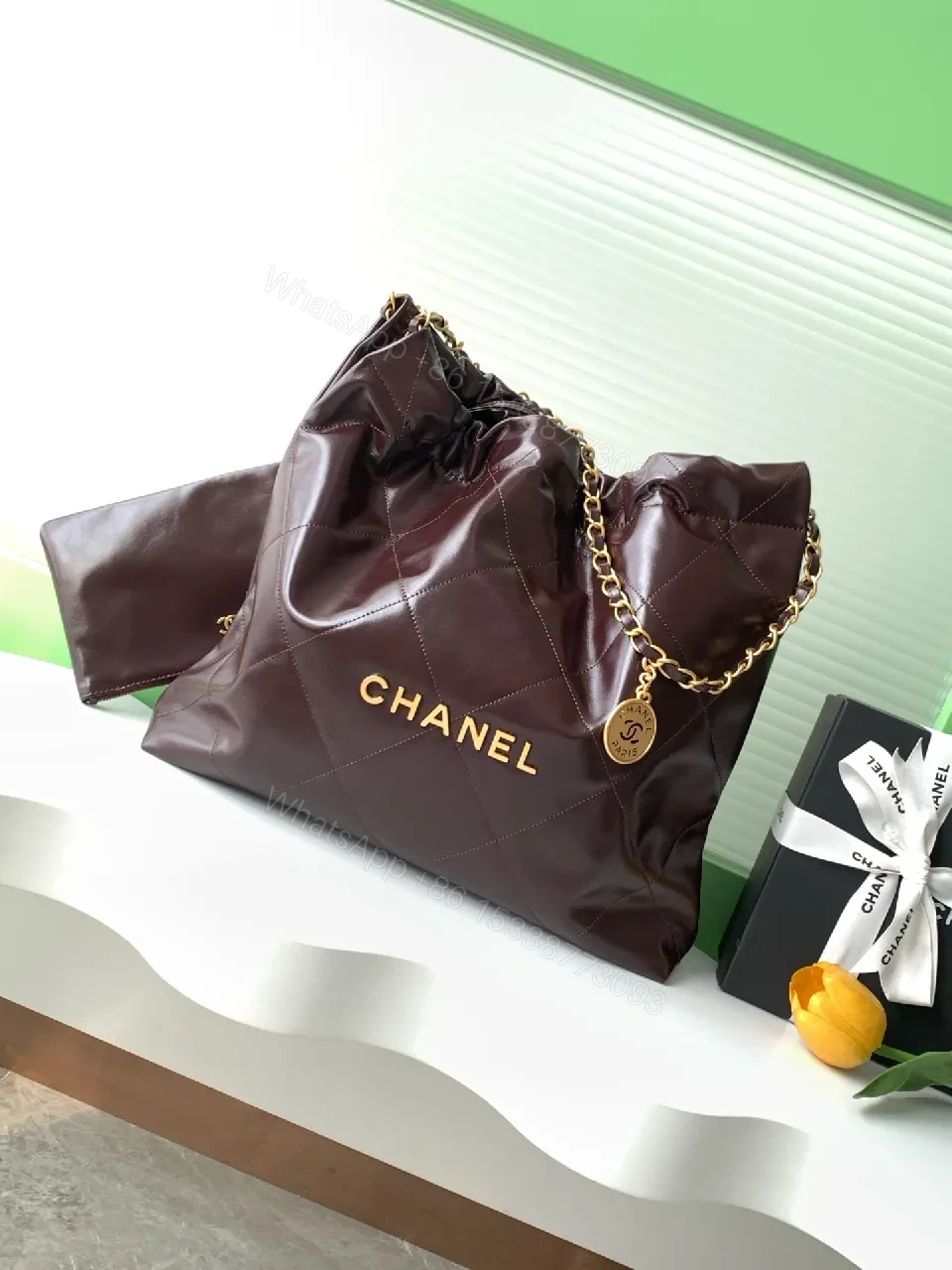 Dark-Chocolate Quilted Tote with Gold Chain Bag — view 1