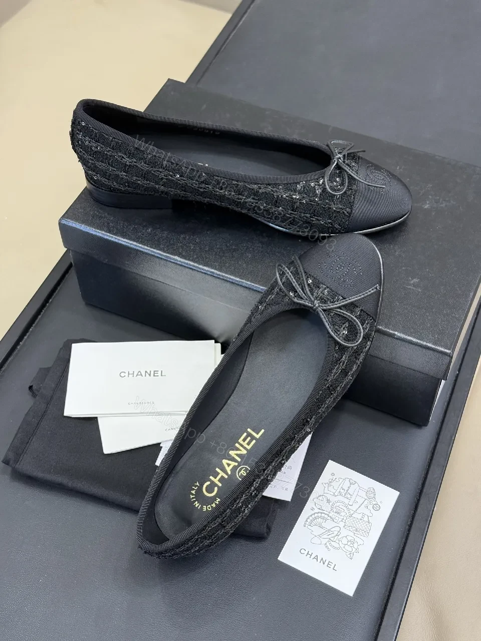 View 2 of Textured Black Ballet Flats with Satin Bow, Luxury Style, Comfort-Hub Flats