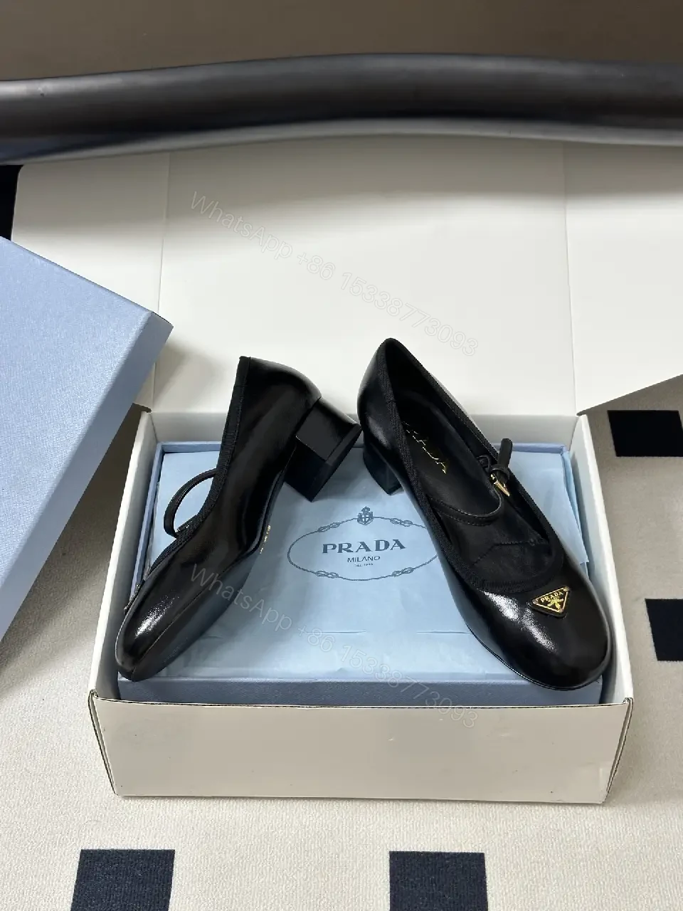 View 7 of Black Leather Mary Jane Heels with Logo Accent, Prada-inspired style