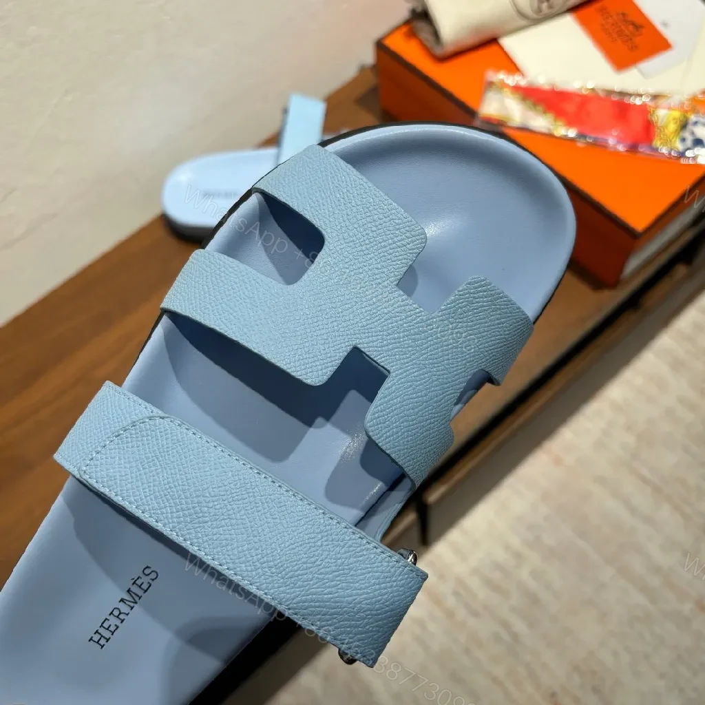View 8 of Light-Tide Blue Leather Slide Sandals, Modern Cutout Comfort