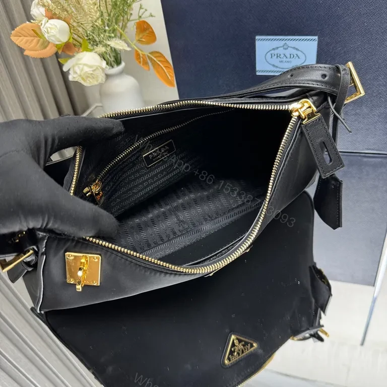 View 5 of Chic Black Nylon Prada-Influenced Shoulder Bag with Gold Hardware