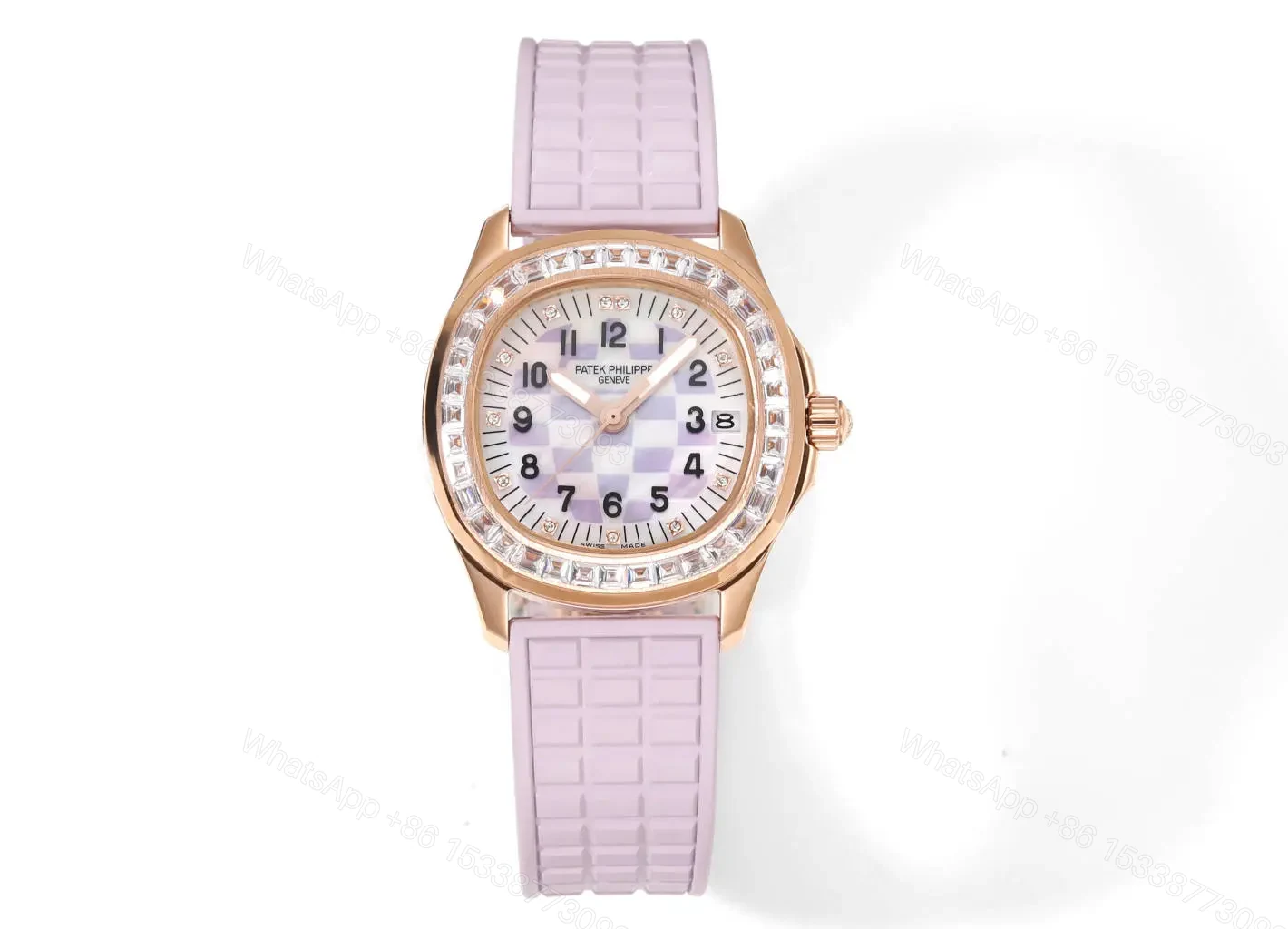 Patek Philippe Aquanaut Mechanical Women’s Watch Pink Rubber Strap Rose Gold Case Diamond Bezel — view 1
