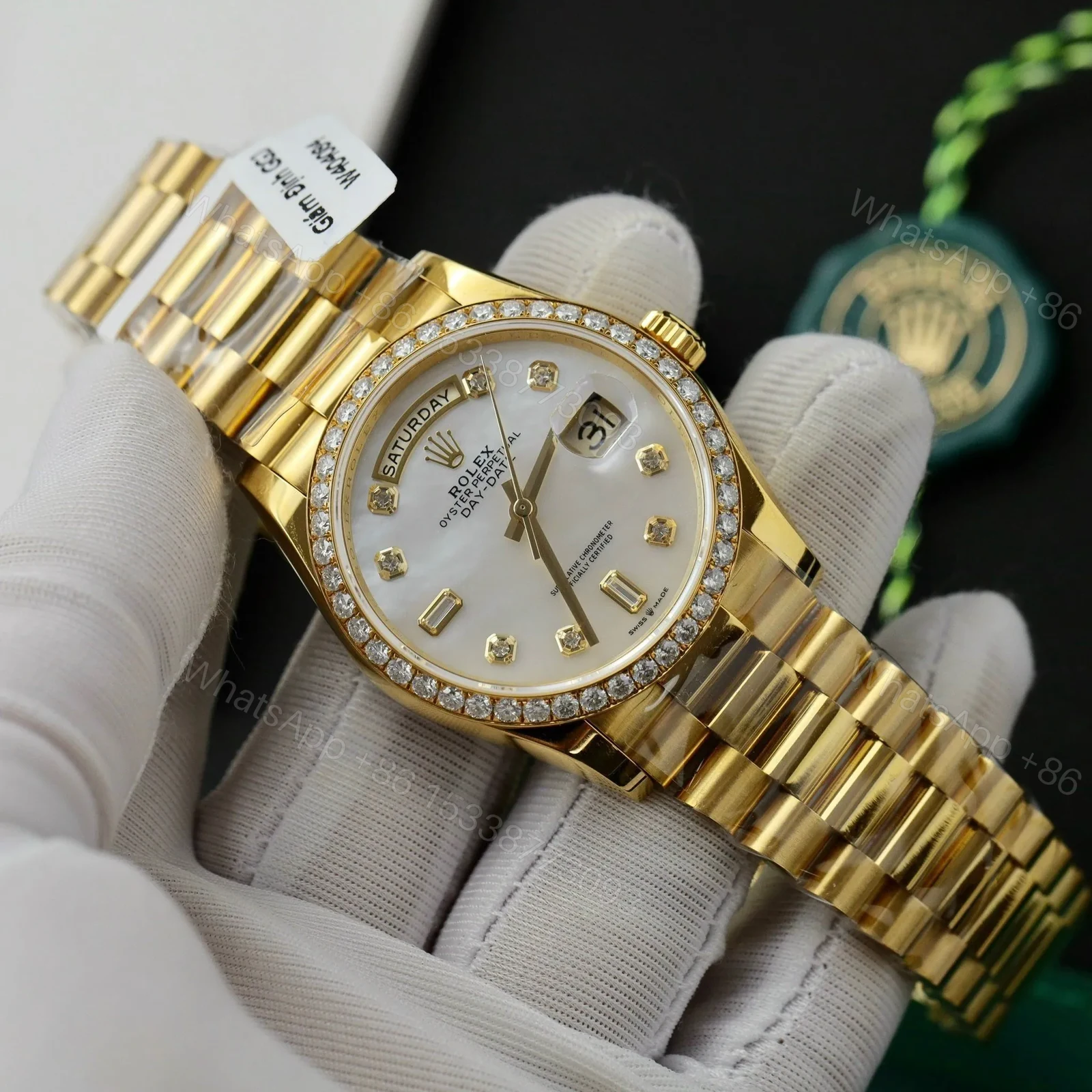 View 2 of Superclone Rolex Day-Date White Mother-of-Pearl Diamond Dial 128238-0011 36 mm