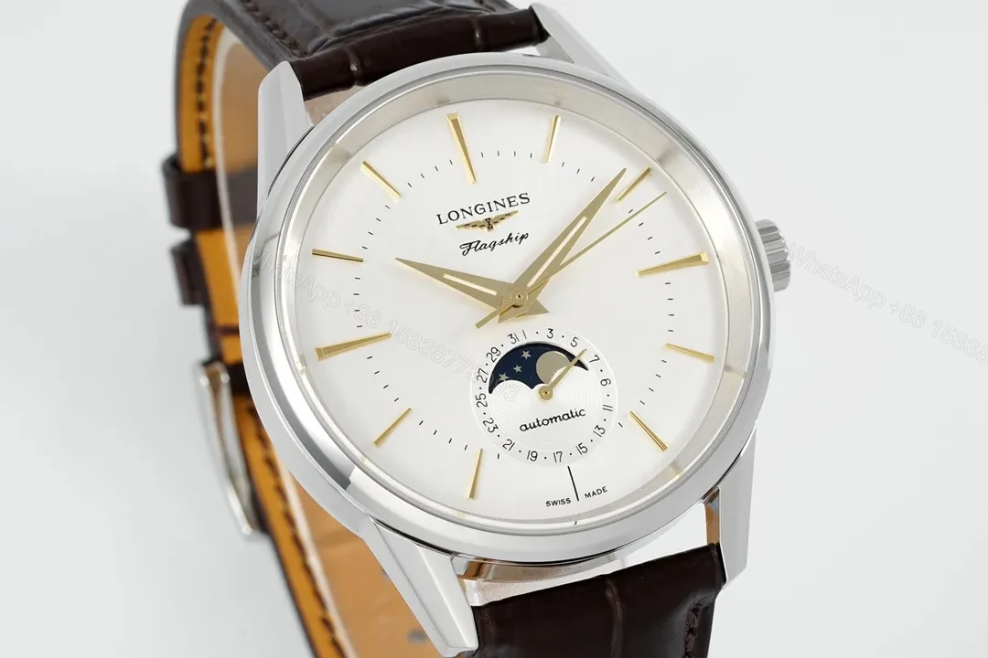 View 2 of Longines Classic Flagship Moonphase Watch Silver Dial Brown Leather Strap Vintage Style