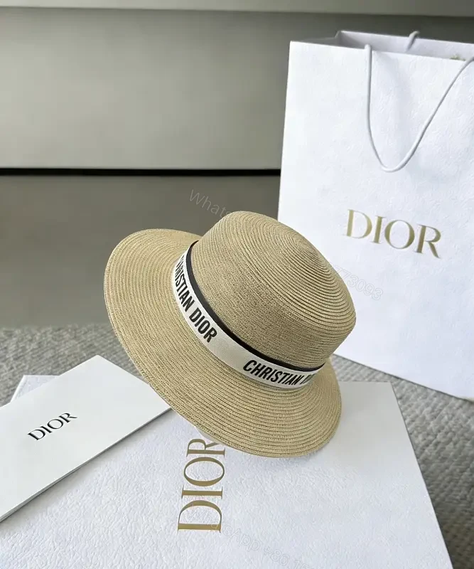 Light Beige Straw Fedora Boater Hat with Black-White Band (Christian Dior) — view 1