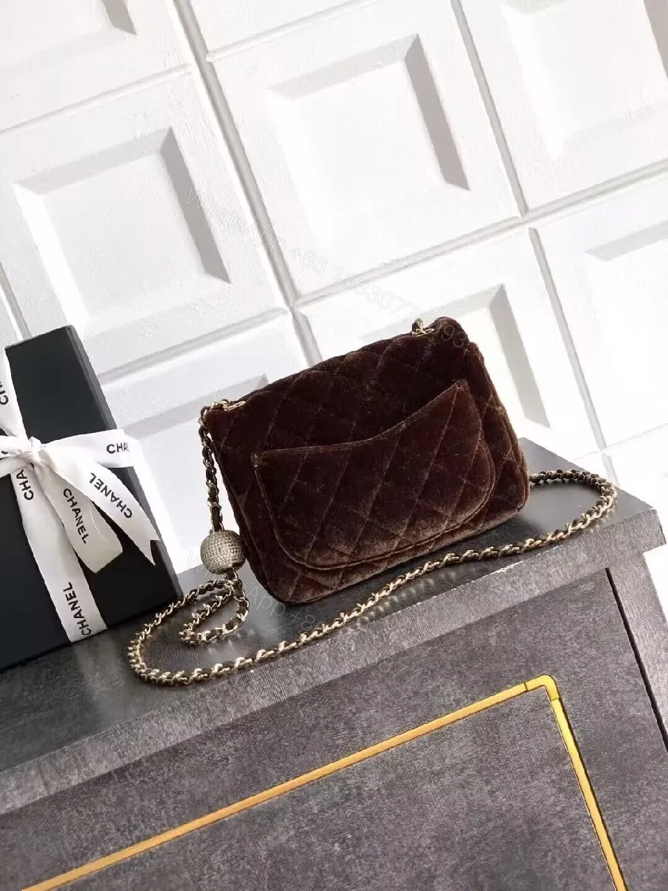 View 4 of Chic Velvet Quilted Crossbody Bag with Gold Hardware