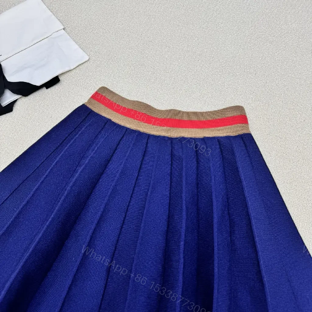View 6 of Navy Knit Set: Pleated Midi Skirt & Striped-Detail Top