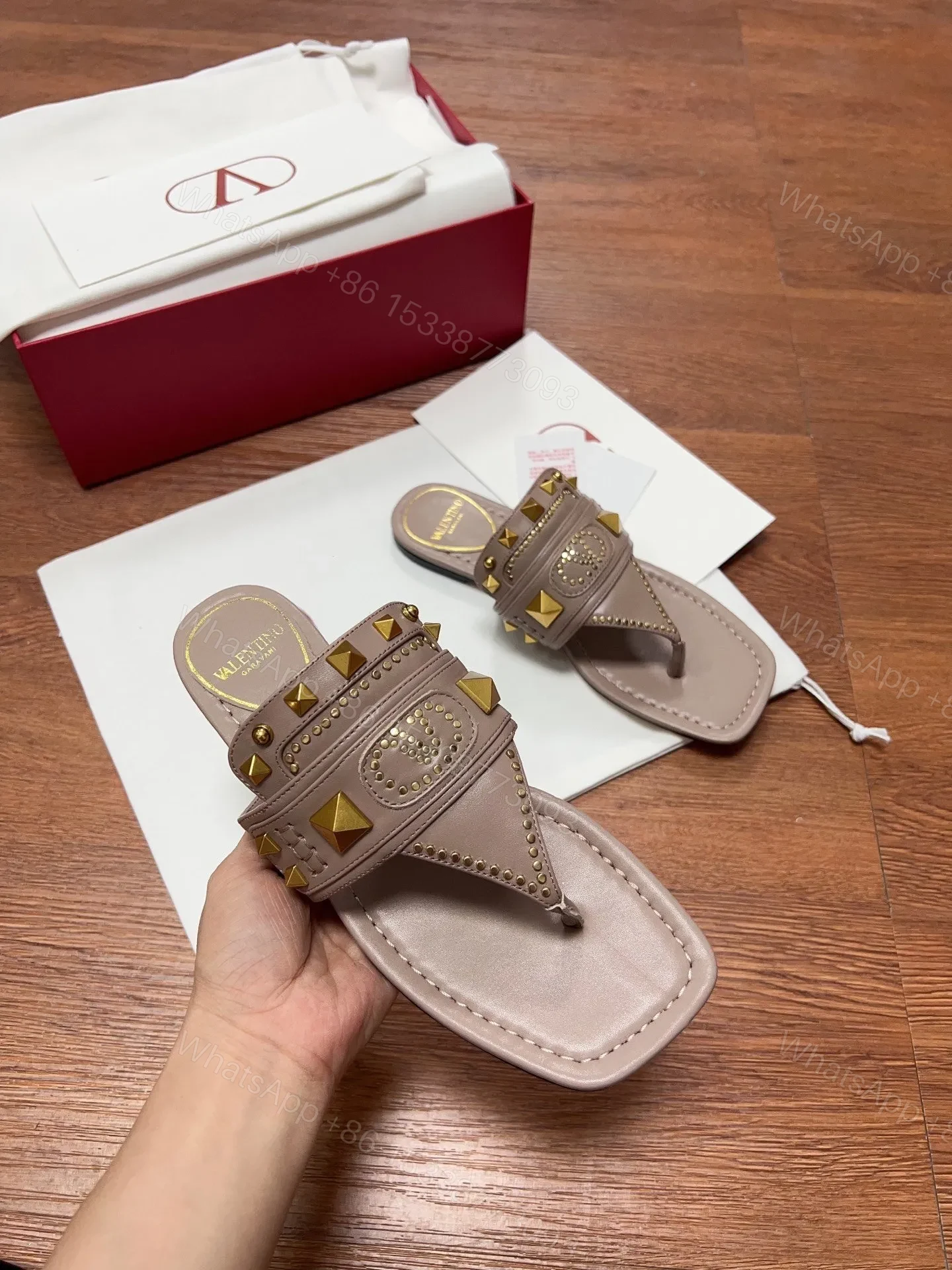 View 4 of Valentino Women Taupe Leather Studded Sandals