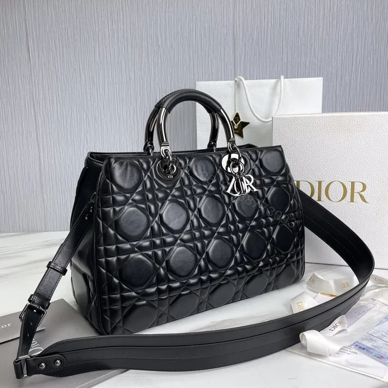 View 2 of Black Leather Faux Dior Handbag: Diamond Quilted, Silver Hardware, D&R Charm, Top Handles/Shoulder Strap