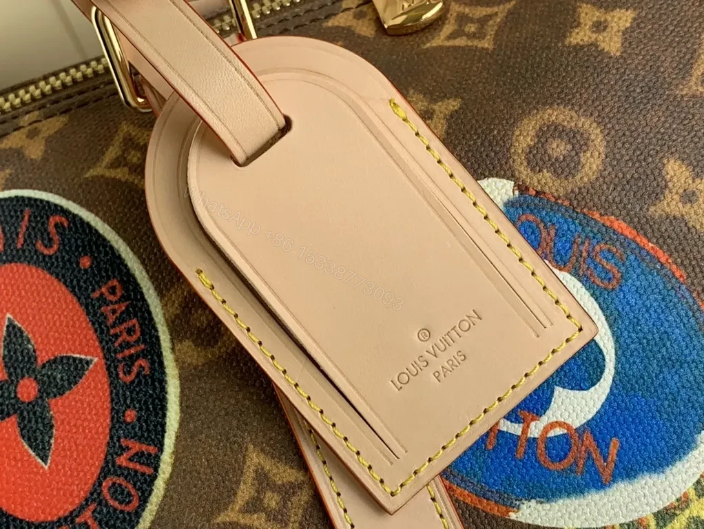 View 5 of Patchwork LV-Style Weekender: Luxury Travel Duffel with Patch Details