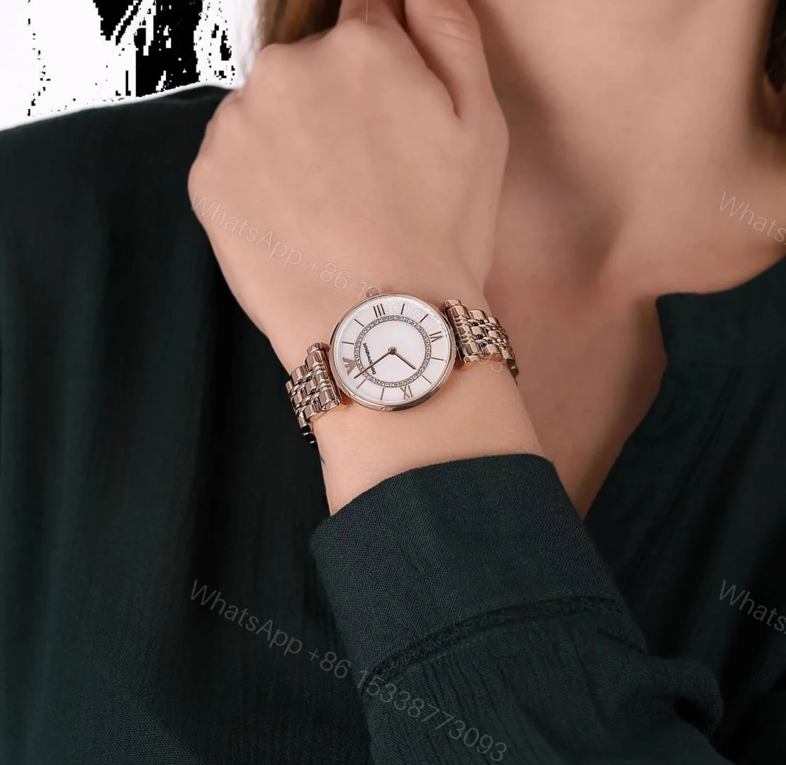 View 3 of First Copy Emporio Armani Rose Gold White Dial Roman Marker Diamond Bezel Women’s Analog Watch