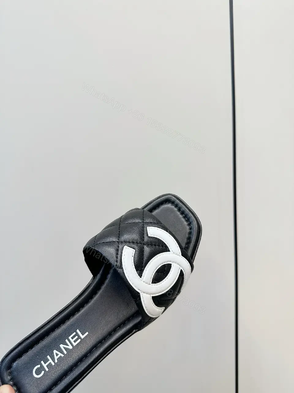 View 4 of Black Quilted Chanel Sliders with White Logo, Slide Sandals